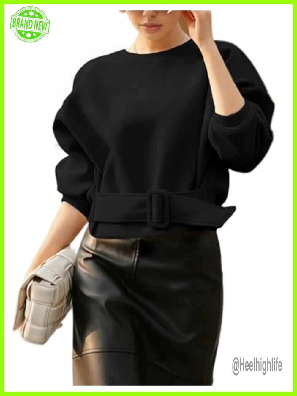Cropped Crewneck Sweatshirt Belted Long Sleeve Loose Fit Pullover